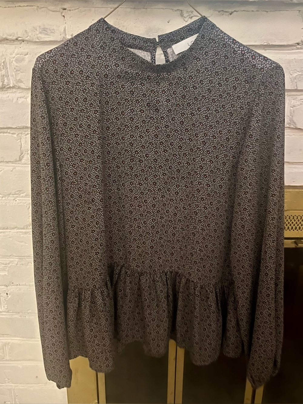 LOFT Ditsy Star Floral Peplum Mock Neck Blouse Black Medium